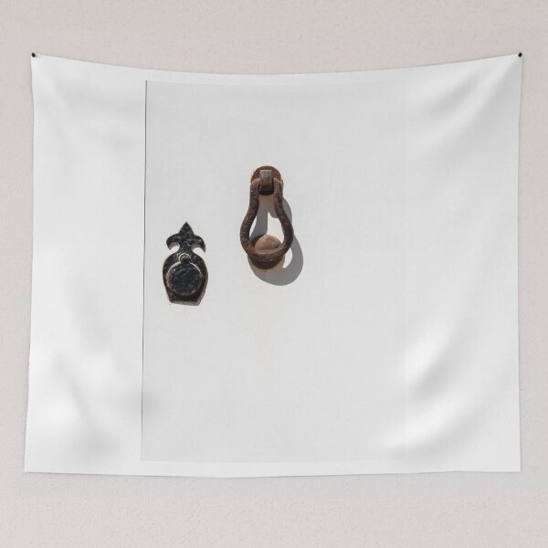 Item preview, Rusty Antique Door Knocker on White Painted Door With Strong Shadow and Minimalist Composition designed and sold by Nmallia.