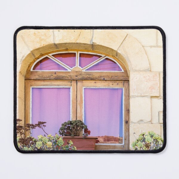 Item preview, Rustic Arched Window With Purple Curtain, Potted Succulents and Stone Wall Facade designed and sold by Nmallia.