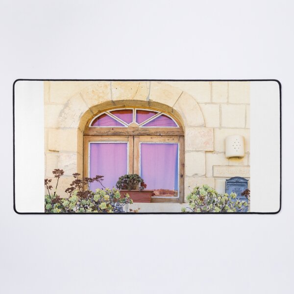 Item preview, Rustic Arched Window With Purple Curtain, Potted Succulents and Stone Wall Facade designed and sold by Nmallia.