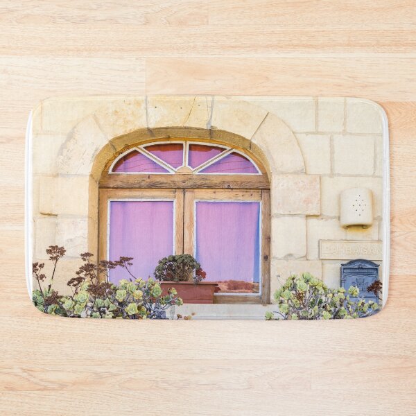 Item preview, Rustic Arched Window With Purple Curtain, Potted Succulents and Stone Wall Facade designed and sold by Nmallia.