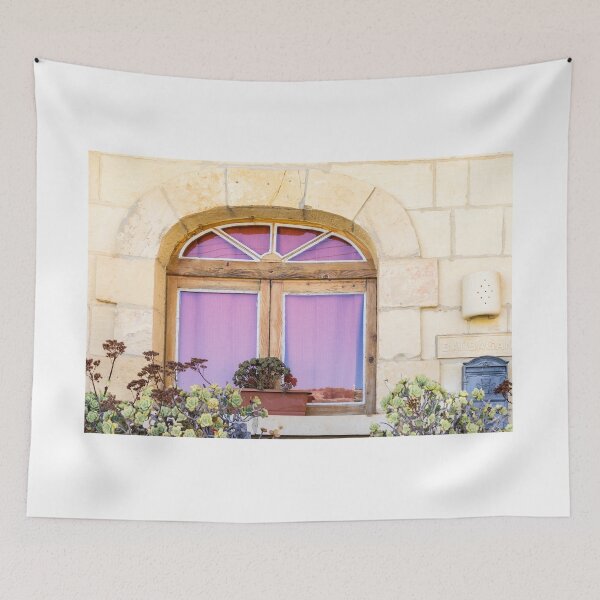 Item preview, Rustic Arched Window With Purple Curtain, Potted Succulents and Stone Wall Facade designed and sold by Nmallia.