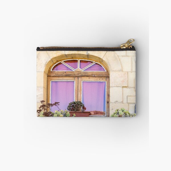 Item preview, Rustic Arched Window With Purple Curtain, Potted Succulents and Stone Wall Facade designed and sold by Nmallia.