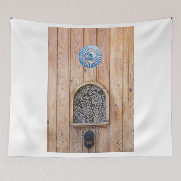 Item preview, Rustic Wooden Door With Blue Evil Eye Amulet, Lace Peephole and Vintage Iron Knocker designed and sold by Nmallia.
