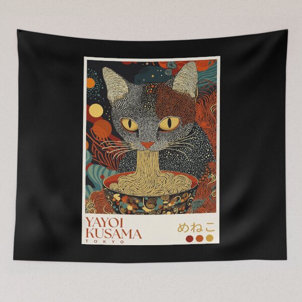 Item preview, Yayoi Kusama Cat Ramen Poster - Surreal Noodle Eating Cat Wall Art Print, Tokyo Fun Decor designed and sold by scrambledpeg.