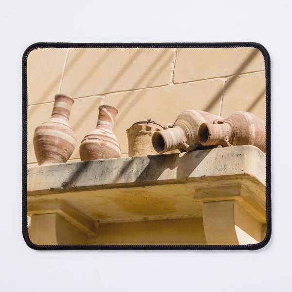 Item preview, Terracotta Clay Pots On Stone Ledge Against Sunlit Yellow Wall, Rustic Mediterranean Pottery Decor designed and sold by Nmallia.