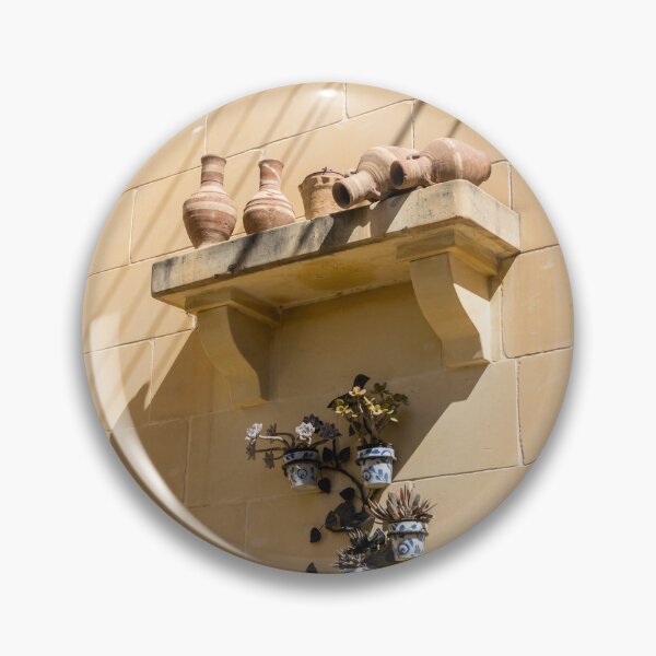 Item preview, Terracotta Pots And Blue Ceramic Planters On Sunlit Sandstone Wall With Deep Shadows designed and sold by Nmallia.