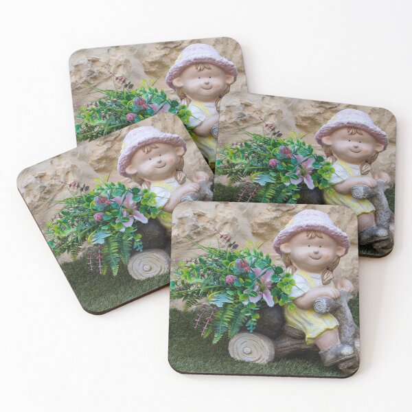 Item preview, Whimsical Garden Figurine Of Girl On Wooden Tricycle With Flowers Against Stone Wall designed and sold by Nmallia.
