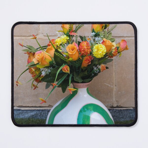 Item preview, Bright Orange Rose Bouquet in Decorative Ceramic Vase Against Stone Wall for Home Decor designed and sold by Nmallia.