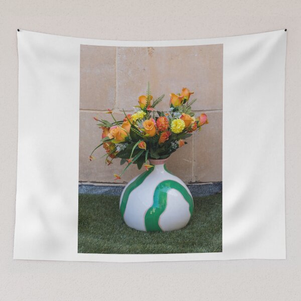 Item preview, Bright Orange Rose Bouquet in Decorative Ceramic Vase Against Stone Wall for Home Decor designed and sold by Nmallia.
