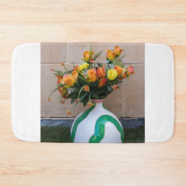 Item preview, Bright Orange Rose Bouquet in Decorative Ceramic Vase Against Stone Wall for Home Decor designed and sold by Nmallia.