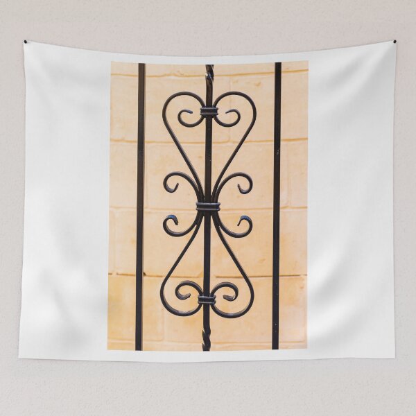 Item preview, Decorative Wrought Iron Fence Panel With Ornate Heart Scroll Pattern Against Stone Wall designed and sold by Nmallia.