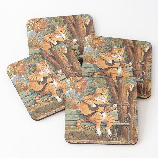 Item preview, Ginger Cat Playing Guitar on Park Bench in Autumn Illustration designed and sold by Butterfly-Dream.