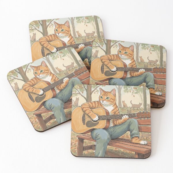 Item preview, Orange Tabby Cat Playing Guitar on Park Bench Illustration designed and sold by Butterfly-Dream.