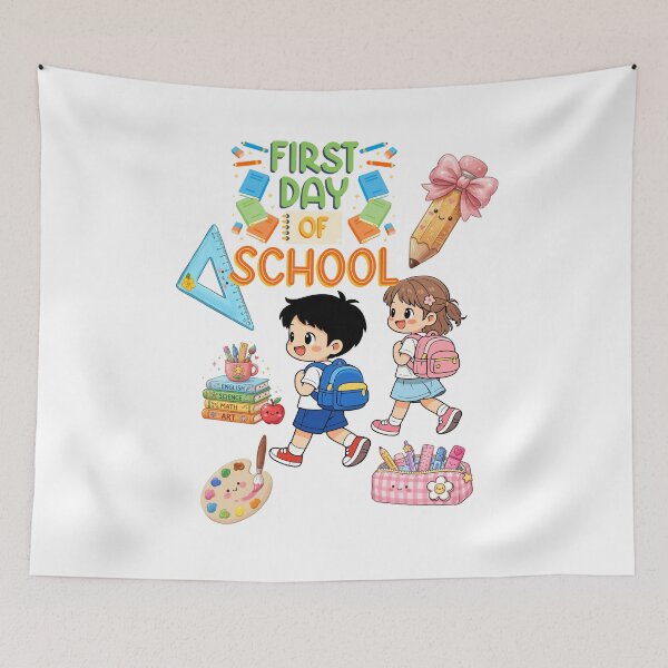 Item preview, First Day of School Happy Kawaii Kids with School Supplies designed and sold by Szpaku desart .