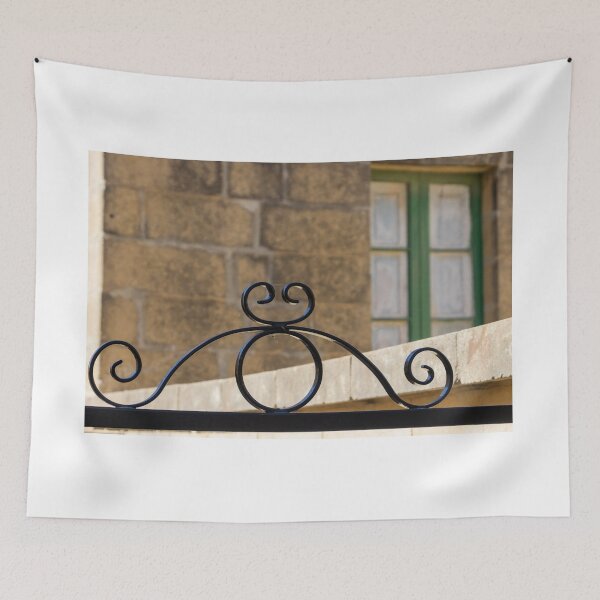 Item preview, Decorative Wrought Iron Gate With Scrollwork Against Stone Wall And Green Window designed and sold by Nmallia.