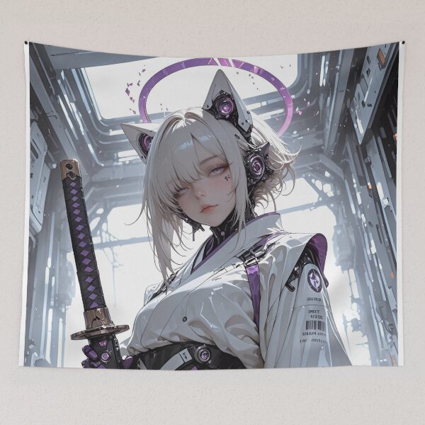 Item preview, Cyber Samurai Cat Girl | Futuristic Android Warrior | Purple Sci-Fi Anime Inspired Digital Art designed and sold by Dyan4.