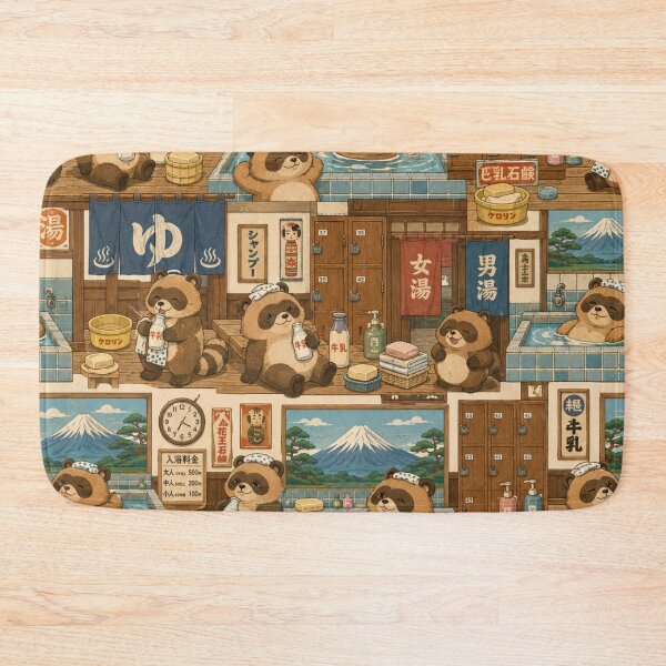 Item preview, Cute Tanuki Sento Seamless Pattern – Retro Japanese Bathhouse Kawaii Wrapping Paper Design designed and sold by kawaii animal store (in Japan).