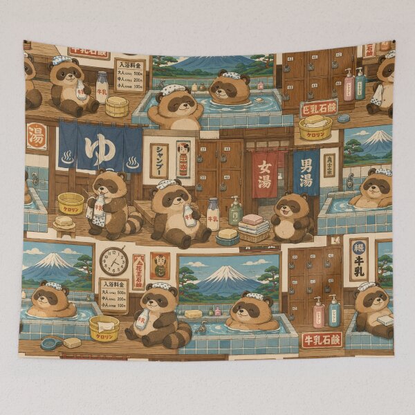 Item preview, Cute Tanuki Sento Seamless Pattern – Retro Japanese Bathhouse Kawaii Wrapping Paper Design designed and sold by kawaii animal store (in Japan).