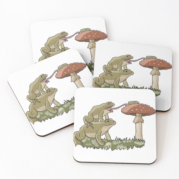 Item preview, Frog stack catching caterpillar on red mushroom cottagecore art  designed and sold by LeshanArt.