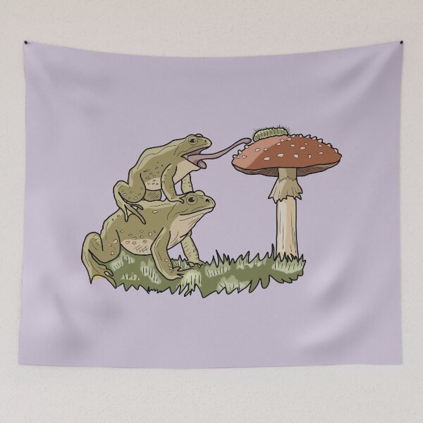 Item preview, Frog stack catching caterpillar on red mushroom cottagecore art  designed and sold by LeshanArt.