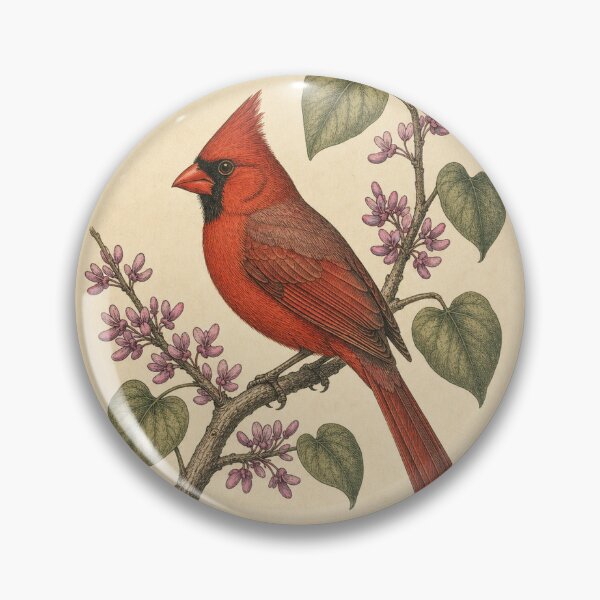 Item preview, Northern Cardinal and Redbud — Vintage Backyard Bird Field Guide designed and sold by QuietWingGuide.