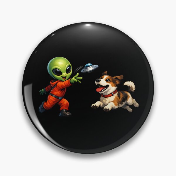 Item preview, Alien Playing Fetch with a Happy Dog and Flying Saucer – Funny Sci-Fi Cartoon Illustration designed and sold by builtforyou.