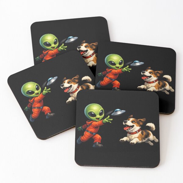 Item preview, Alien Playing Fetch with a Happy Dog and Flying Saucer – Funny Sci-Fi Cartoon Illustration designed and sold by builtforyou.