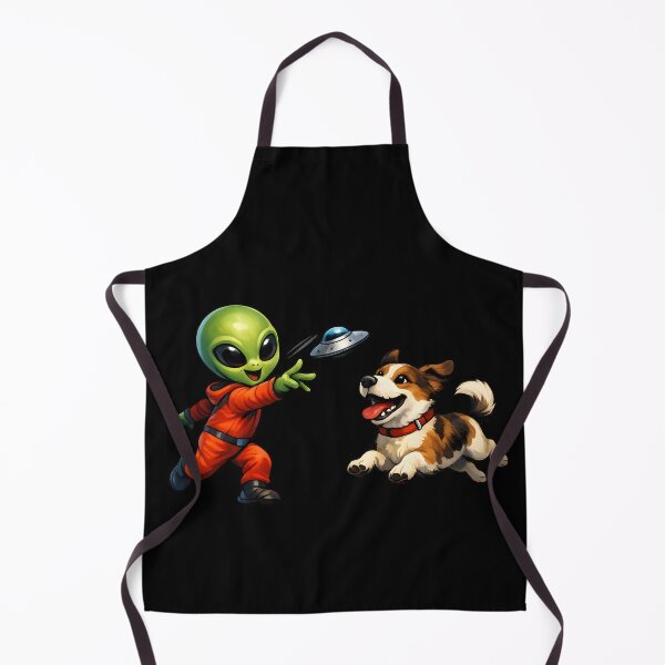 Item preview, Alien Playing Fetch with a Happy Dog and Flying Saucer – Funny Sci-Fi Cartoon Illustration designed and sold by builtforyou.