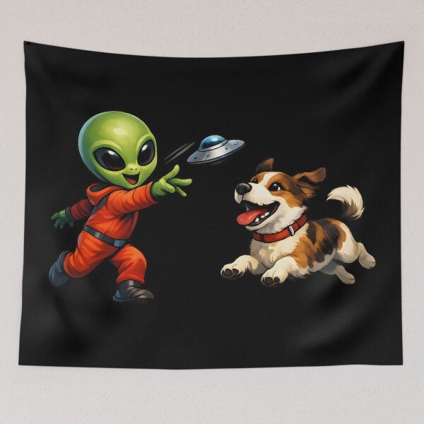 Item preview, Alien Playing Fetch with a Happy Dog and Flying Saucer – Funny Sci-Fi Cartoon Illustration designed and sold by builtforyou.