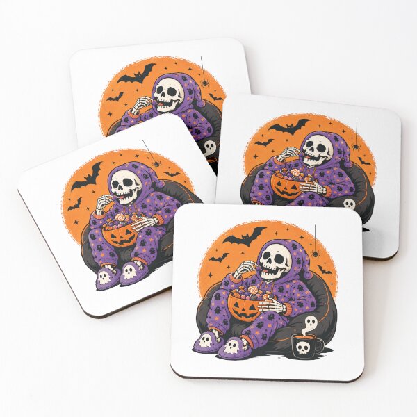 Item preview, Halloween Skeleton in cozy pajamas eating candy from a bowl designed and sold by Ink Matrix.
