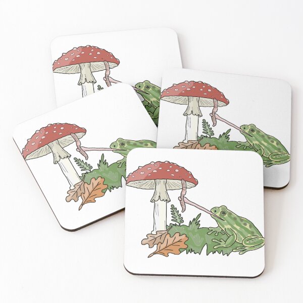 Item preview, Frog catching a worm from a mushroom cottagecore illustration designed and sold by LeshanArt.