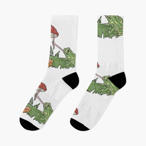 Item preview, Frog catching a worm from a mushroom cottagecore illustration designed and sold by LeshanArt.