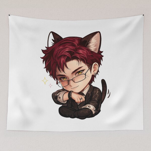 Item preview, Cute Valko Inspired Cat Boy Chibi Sticker | Burgundy Hair Anime Cat Character | Kawaii Space Fantasy Gamer Sticker designed and sold by Doodle ⭐⭐⭐⭐⭐.