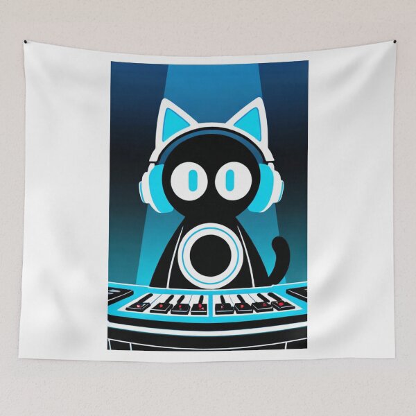 Item preview, Cat - Black DJ White Cyan Headphones designed and sold by World-Pets.