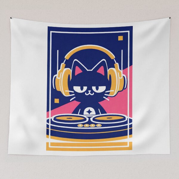 Item preview, Cat - Blue DJ Yellow Headphones Pink Ears designed and sold by World-Pets.