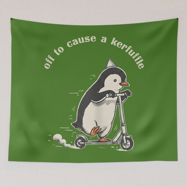 Item preview, Off to Cause A Kerfuffle Funny Penguin Riding Scooter Meme designed and sold by KathieFaugh.