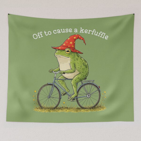 Item preview, Off to Cause A Krefuffle Funny Meme Frog Riding A Bicycle designed and sold by ArleneRowe.