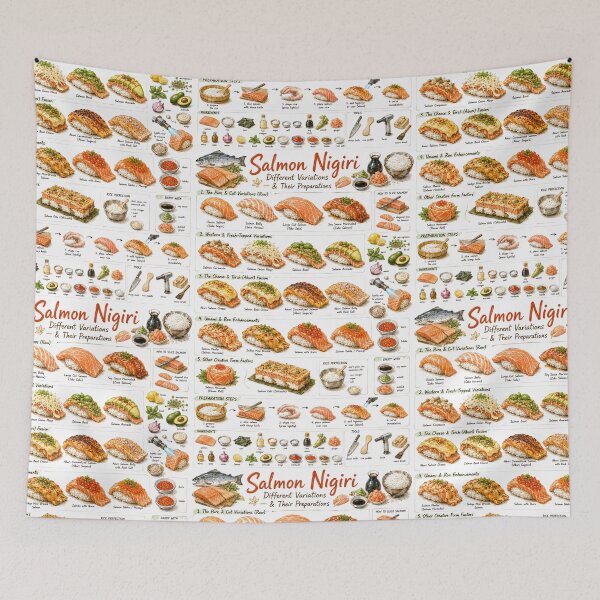 Item preview, Different Salmon Nigiri Variety Recipe Shirt – Hand-Drawn Japanese Cooking Diagram Tee, Minimalist Food Illustration designed and sold by fishnsteve.