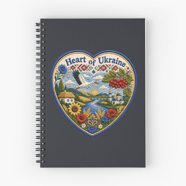 Item preview, Heart-shaped design with a landscape showing a river, sun, flowers, and a stork flying over a village in a colorful embroidery style designed and sold by CreativeLarysa.