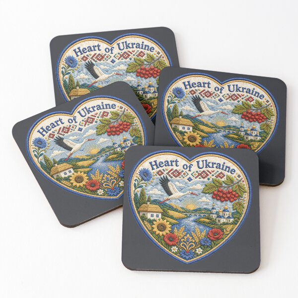 Item preview, Heart-shaped design with a landscape showing a river, sun, flowers, and a stork flying over a village in a colorful embroidery style designed and sold by CreativeLarysa.