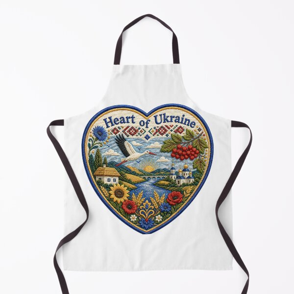 Item preview, Heart-shaped design with a landscape showing a river, sun, flowers, and a stork flying over a village in a colorful embroidery style designed and sold by CreativeLarysa.