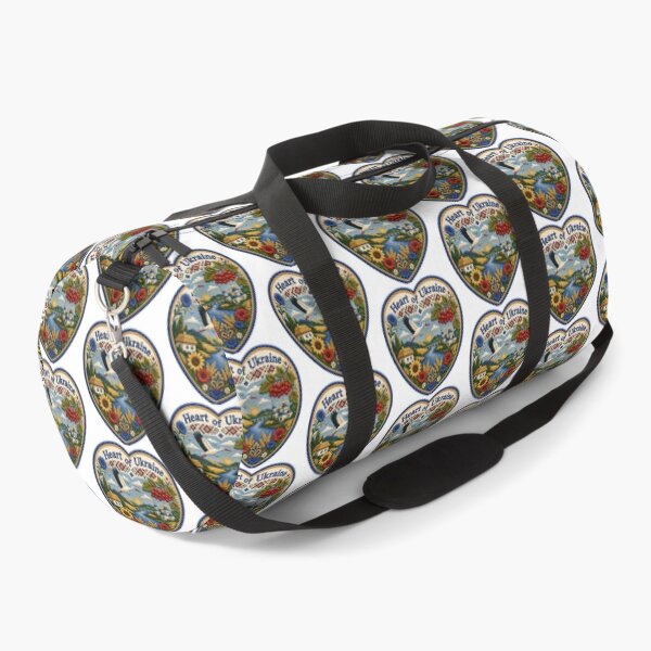Item preview, Heart-shaped design with a landscape showing a river, sun, flowers, and a stork flying over a village in a colorful embroidery style designed and sold by CreativeLarysa.
