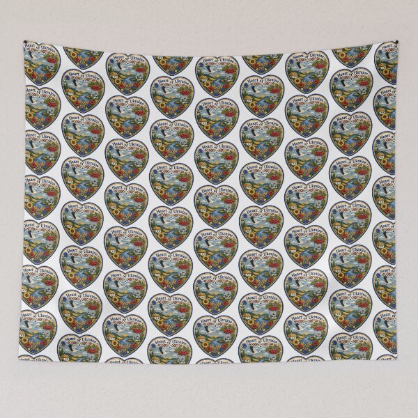 Item preview, Heart-shaped design with a landscape showing a river, sun, flowers, and a stork flying over a village in a colorful embroidery style designed and sold by CreativeLarysa.