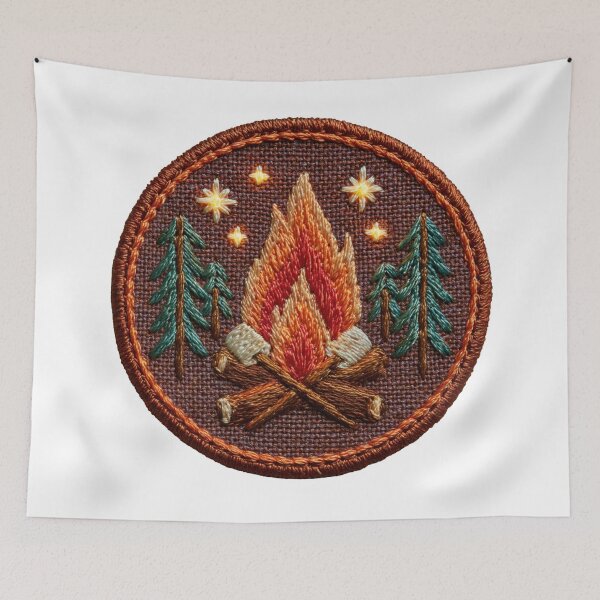 Item preview, Embroidered badge showing fire and trees with axes in a detailed design designed and sold by CreativeLarysa.