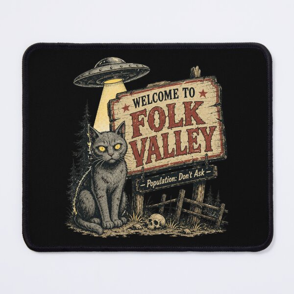 Item preview, Welcome to Folk Valley | Creepy Cat UFO Horror Design designed and sold by Sonic Nova Studios.
