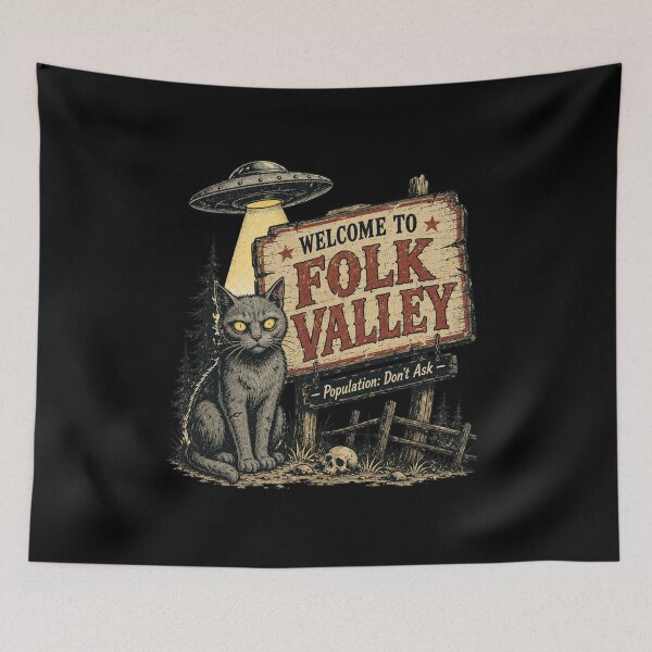 Item preview, Welcome to Folk Valley | Creepy Cat UFO Horror Design designed and sold by Sonic Nova Studios.