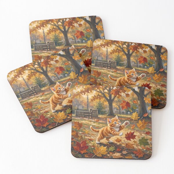 Item preview, Kitten Chases Fall Leaves designed and sold by TinCatOutPost.