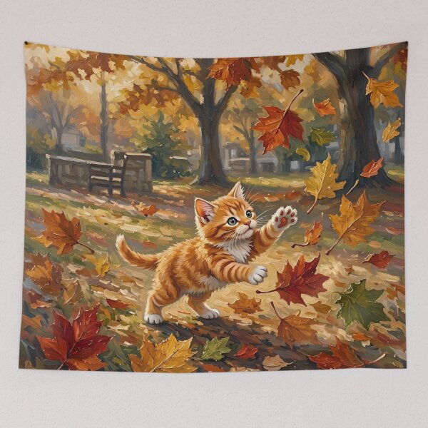 Item preview, Kitten Chases Fall Leaves designed and sold by TinCatOutPost.
