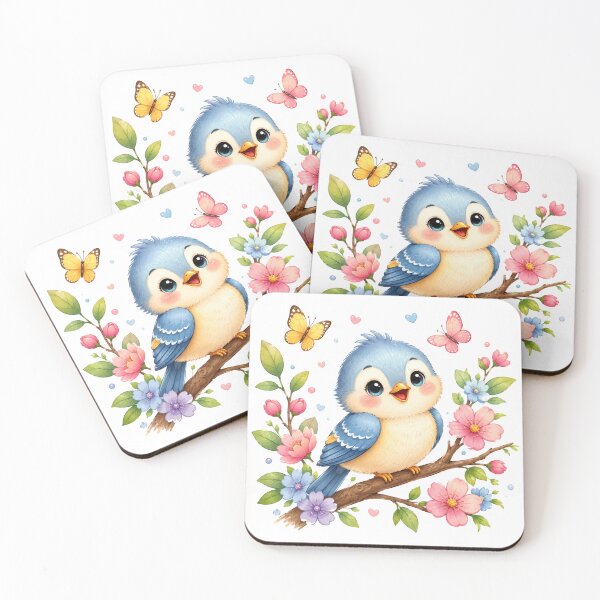 Item preview, Cute Blue Baby Bird on Blossom Branch | Kawaii Spring Bird | Whimsical Floral Illustration | Nursery Wall Art | Nature Lover Gift designed and sold by ViniSArunStudio.
