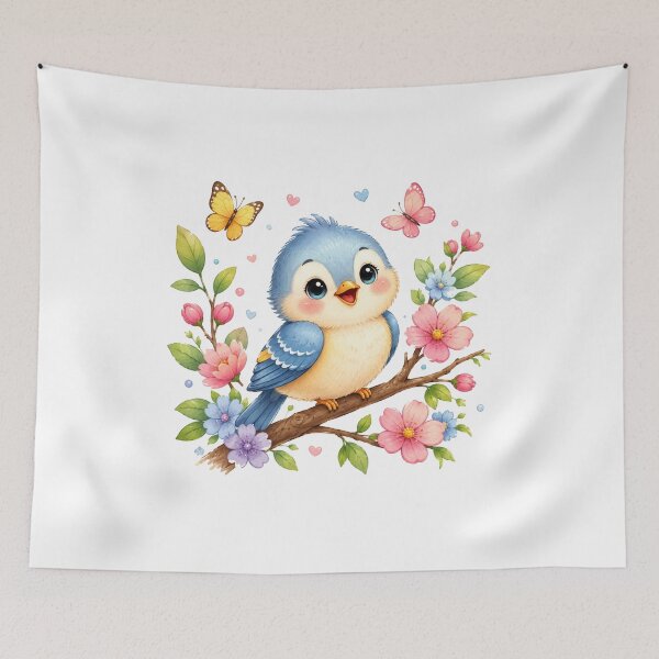 Item preview, Cute Blue Baby Bird on Blossom Branch | Kawaii Spring Bird | Whimsical Floral Illustration | Nursery Wall Art | Nature Lover Gift designed and sold by ViniSArunStudio.